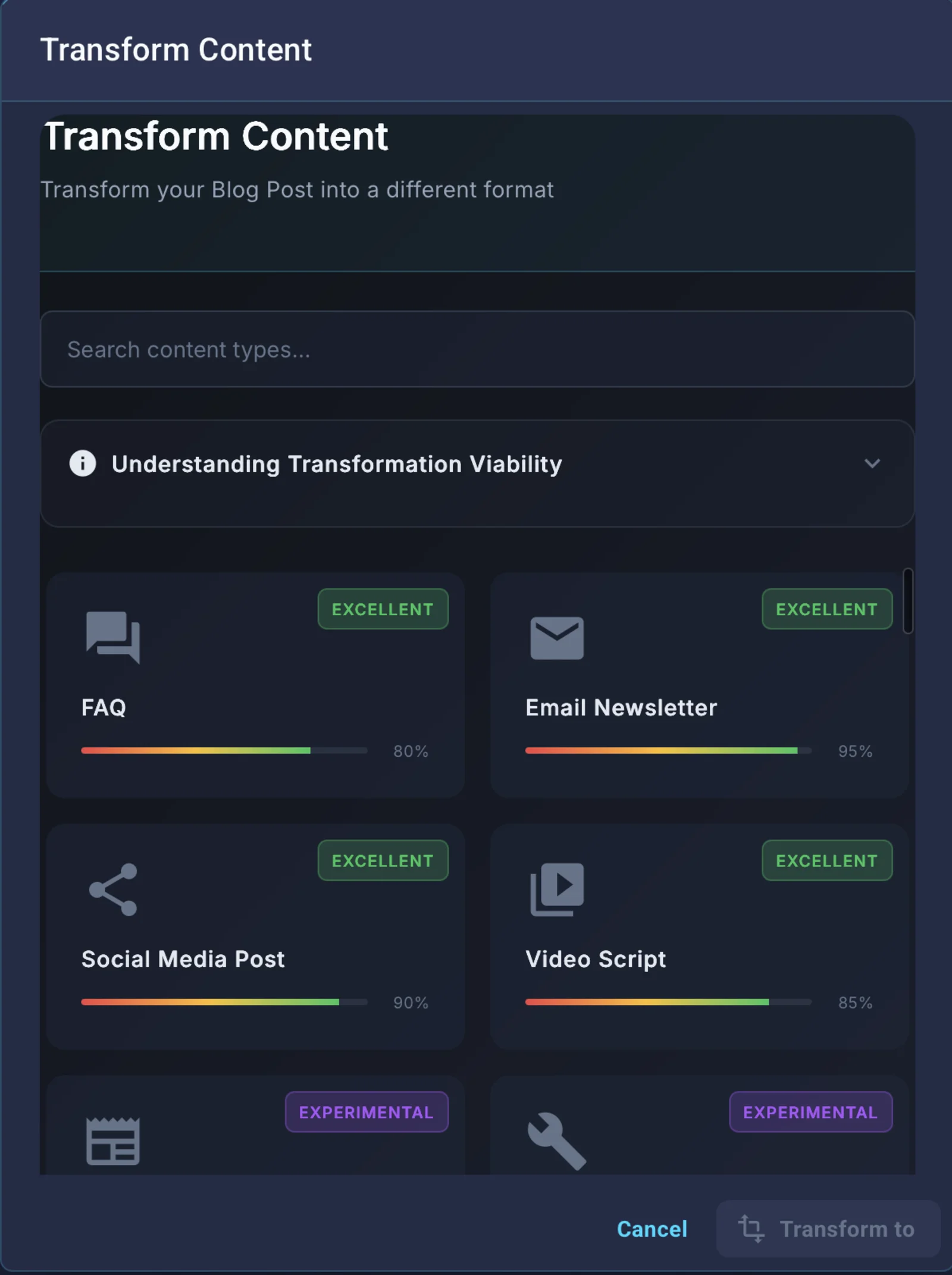 Transform Content dialog—convert one format into many